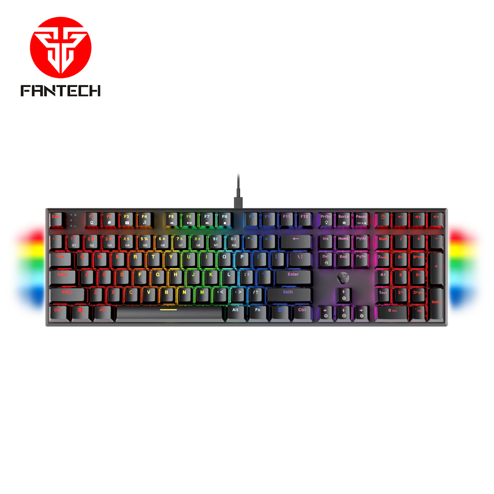 Fantech MAXFIT108 MK855 gaming keyboard, with RGB lighting and gray background.
 Fantech MAXFIT108 MK855 gaming keyboard, with RGB lighting and gray background.